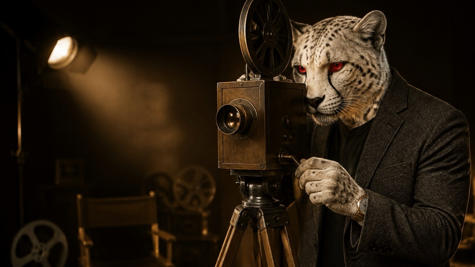 The Cheeyell cheetah mascot, white with fiery red eyes, filming behind a vintage hand-cranked camera on a tall wooden tripod