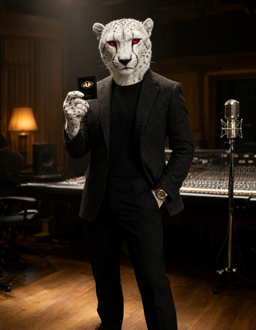 The Cheeyell cheetah mascot, white with fiery red eyes, standing in a recording studio holding up a black-and-gold artist card