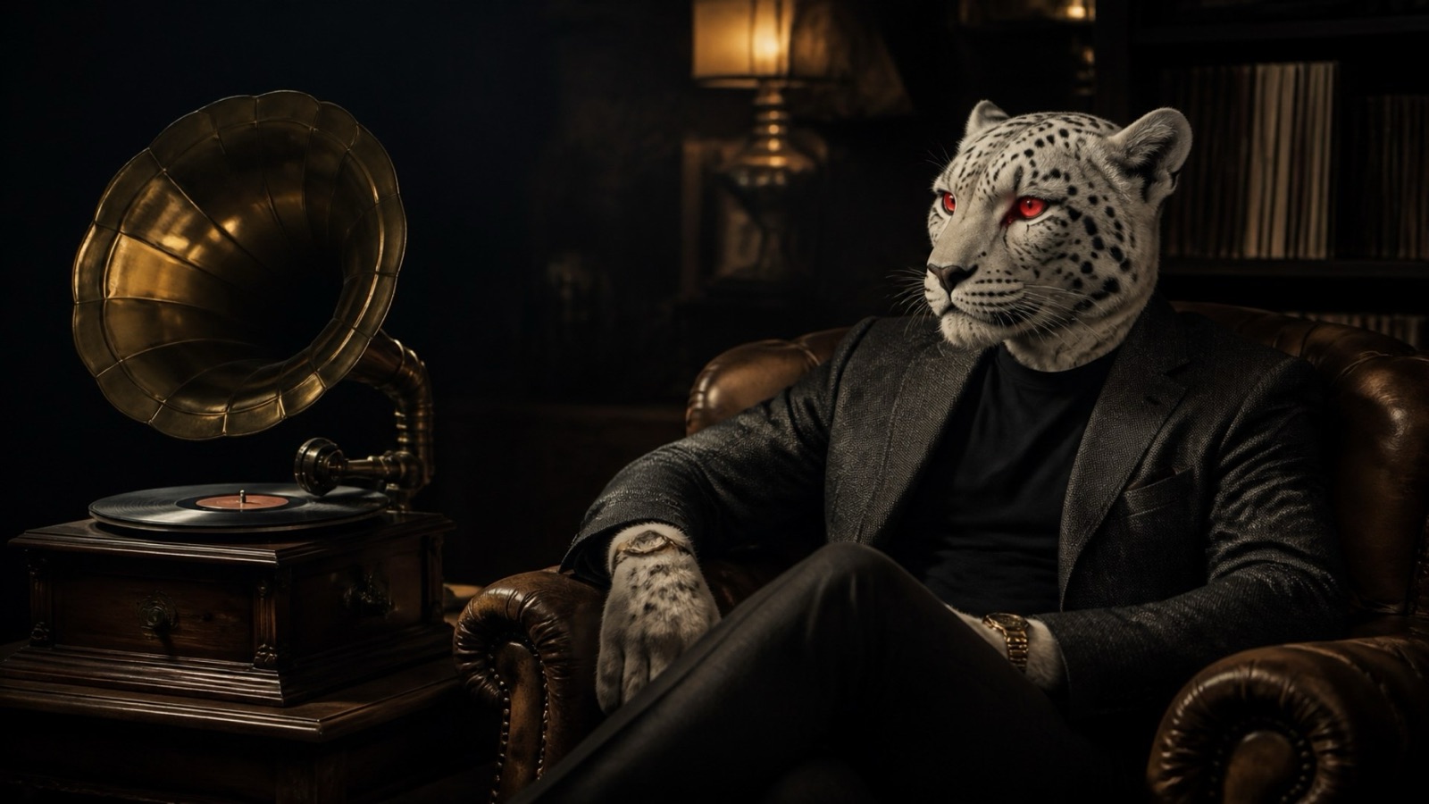 The Cheeyell cheetah mascot, white with fiery red eyes, relaxing in a leather armchair and listening to a brass gramophone