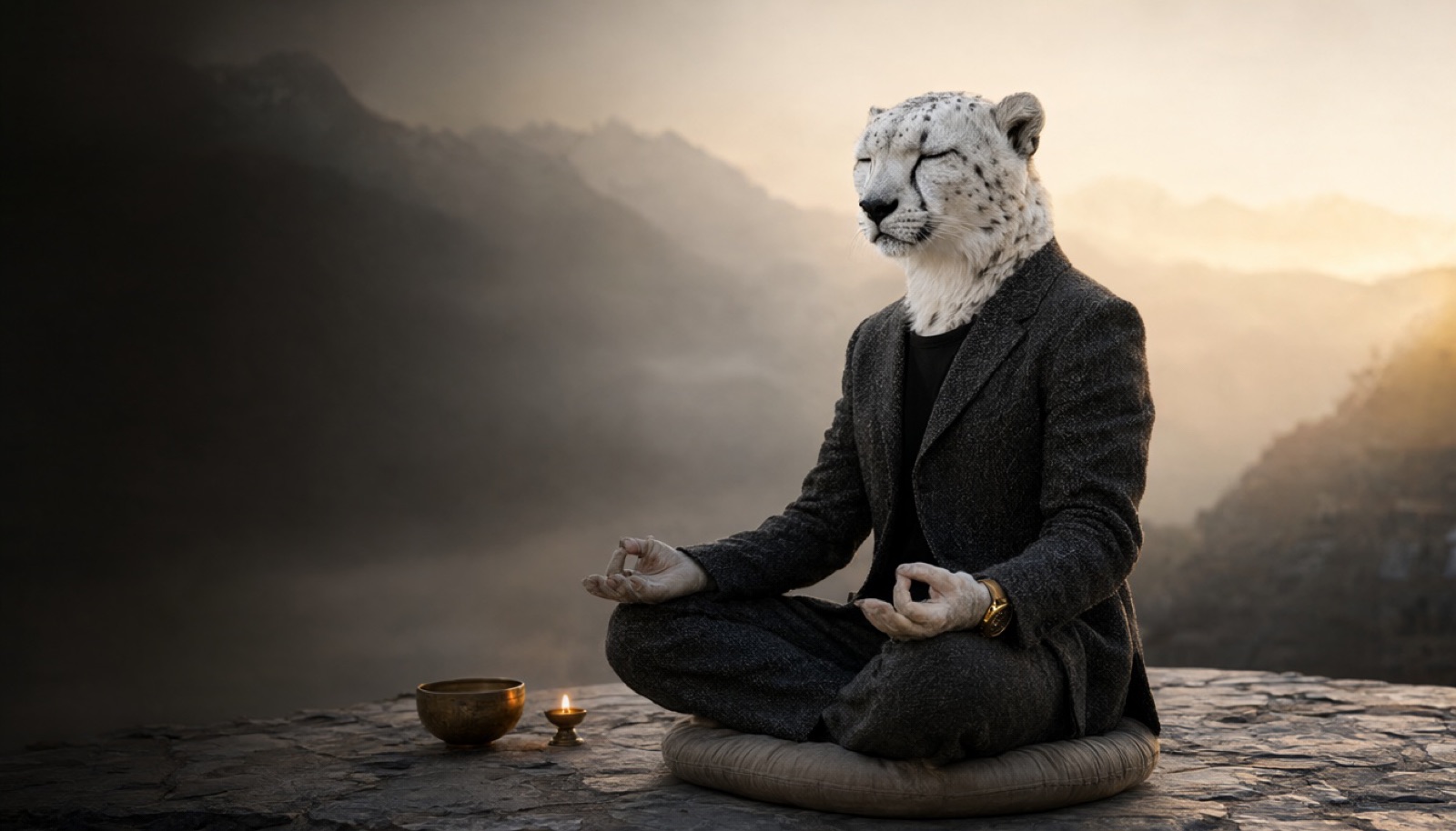 The Cheeyell cheetah mascot, white, eyes closed, meditating cross-legged on a Himalayan terrace at dawn beside a singing bowl and an oil lamp