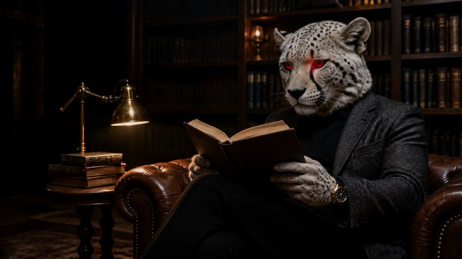 The Cheeyell cheetah mascot, white with fiery red eyes, reading a book on a leather couch in a lamp-lit library