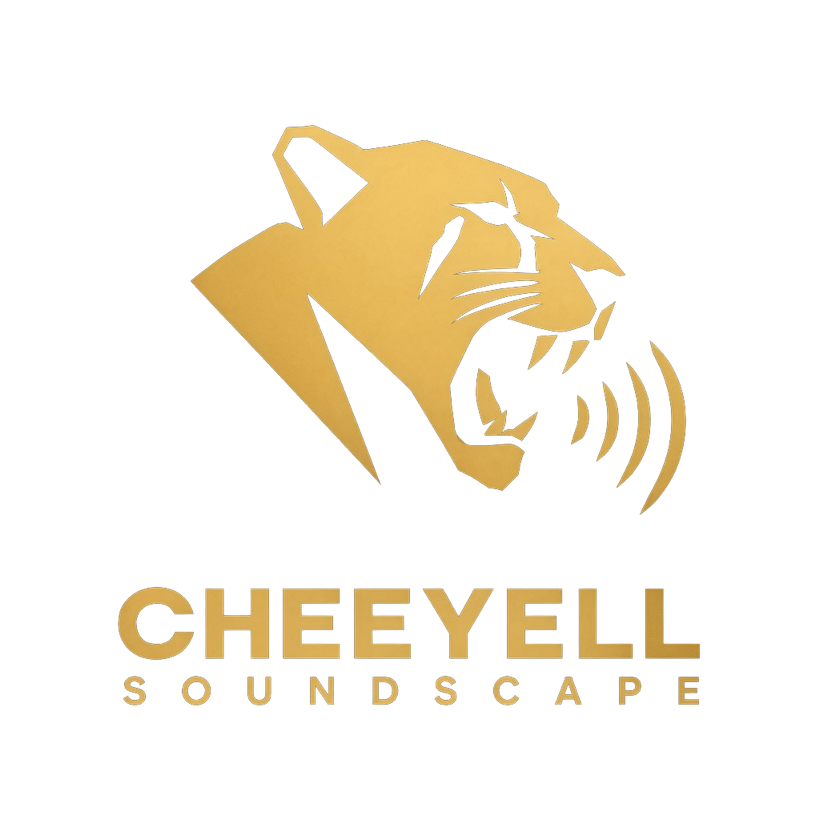 Cheeyell Soundscape logo: a gold geometric cheetah head roaring sound waves, above the words Cheeyell Soundscape
